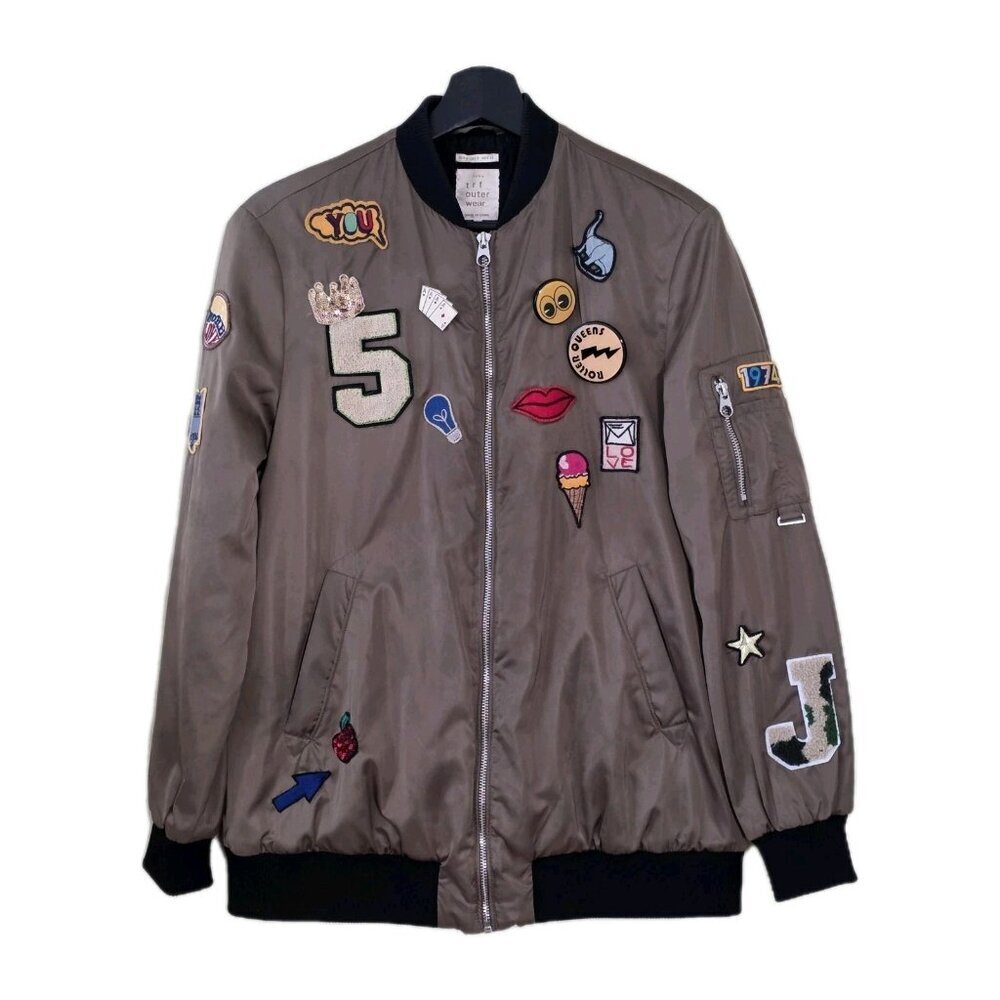 Zara Bomber Jacket Womens S Olive Green Satin Streetwear Patches Pins Sequines